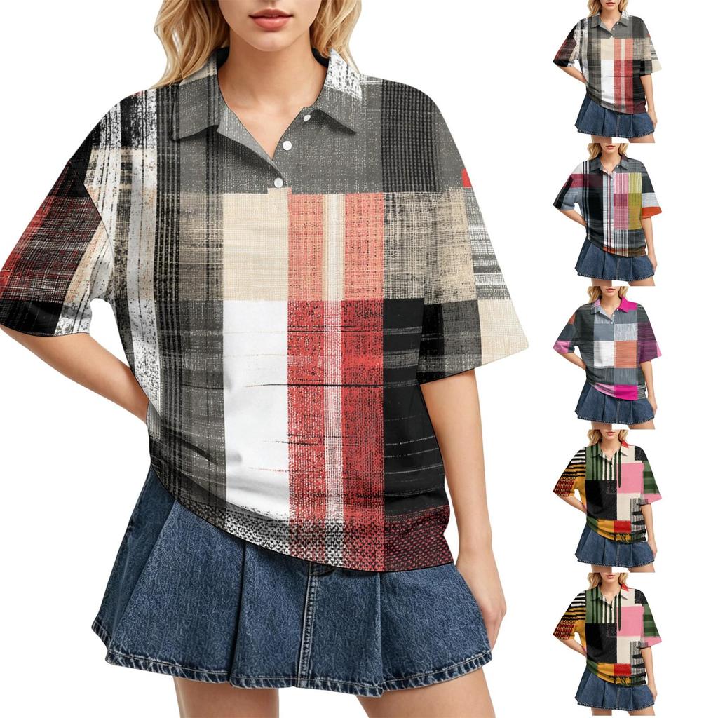 Women's Casual Polo Collar Loose Fit Shirt Short Sleeve Button Down Plaid Pattern Lightweight Top for Everyday Wear