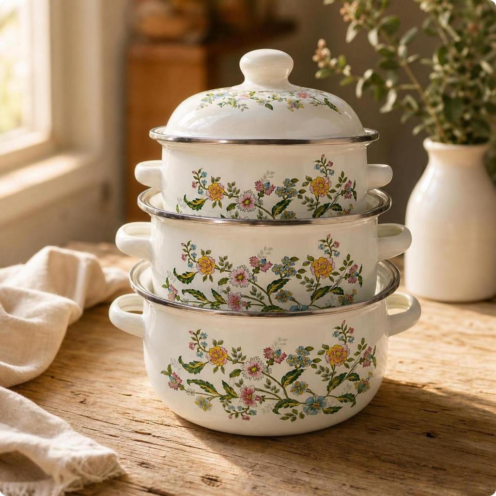 3 Pieces Enamel Pot with Lid | DoubleHandled, Vintage, Floral Pot, for Kitchen
