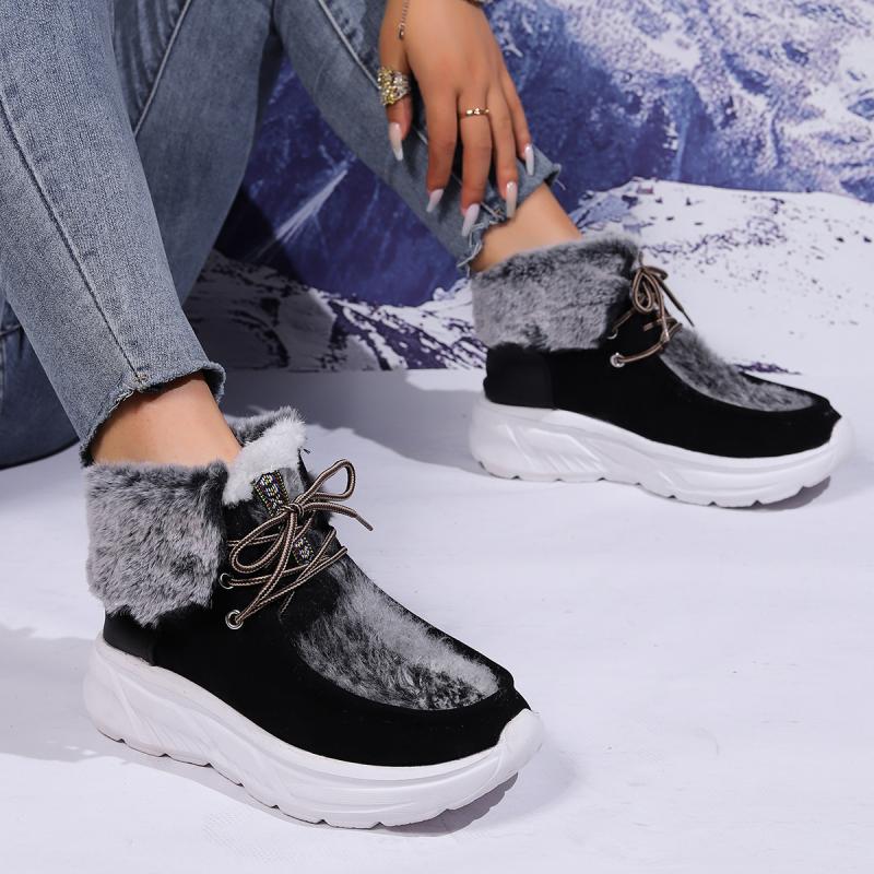 Fashion Fashion Faux Fur Lace Up Snow Boots Women 2025 Winter Thick Bottom Wedge Heel Cotton Hiking Shoes Warm Short Plush Ankle Boots