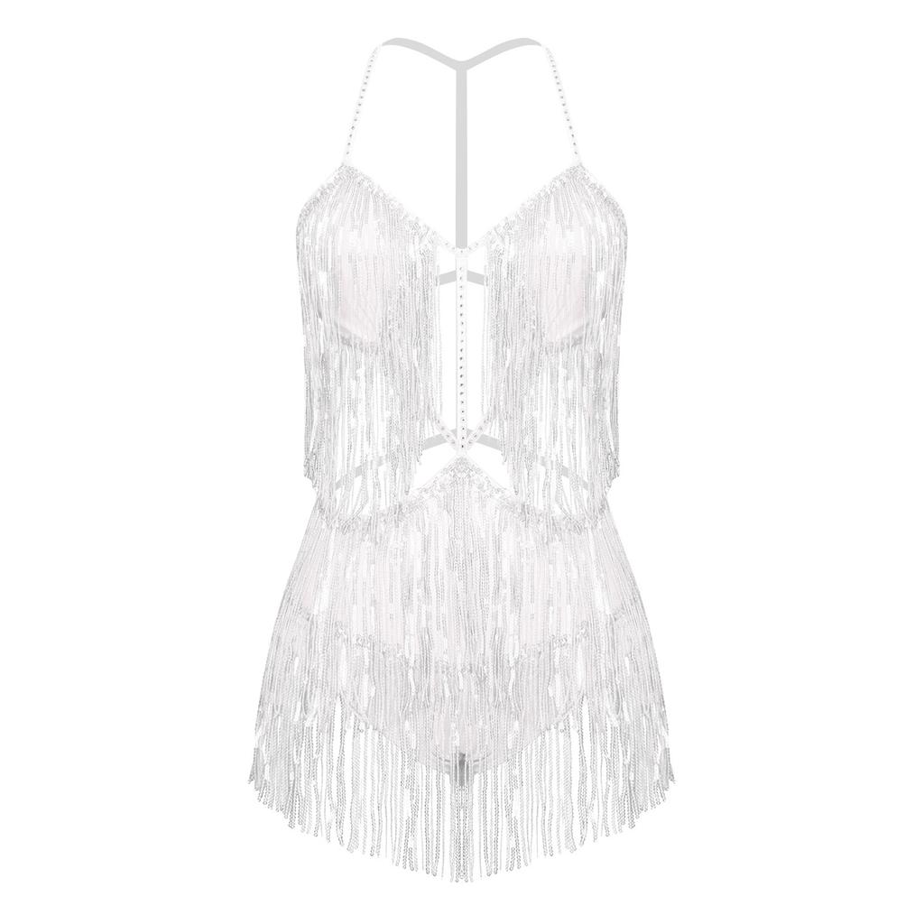 Damen Bauchtanz Bodysuit mit Fransen Pailletten Quasten Ausgeschnitten Rückenfrei Glänzend Jumpsuit
