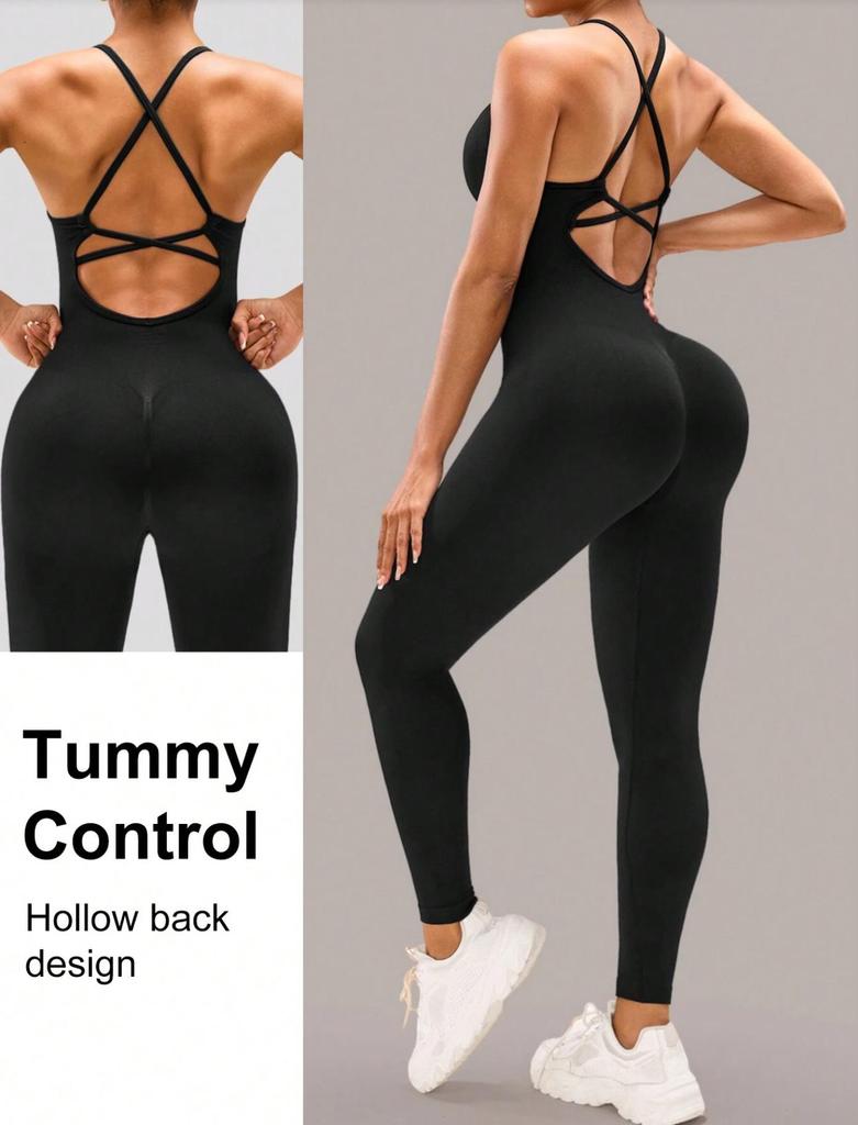 Butt-Lifting Padded Ribbed Sport Jumpsuit with Long Pants