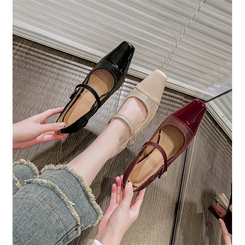 French Mary Jane shoes thick heel splicing small fragrant single shoes middle heel 2025 new one-word with square head high heels