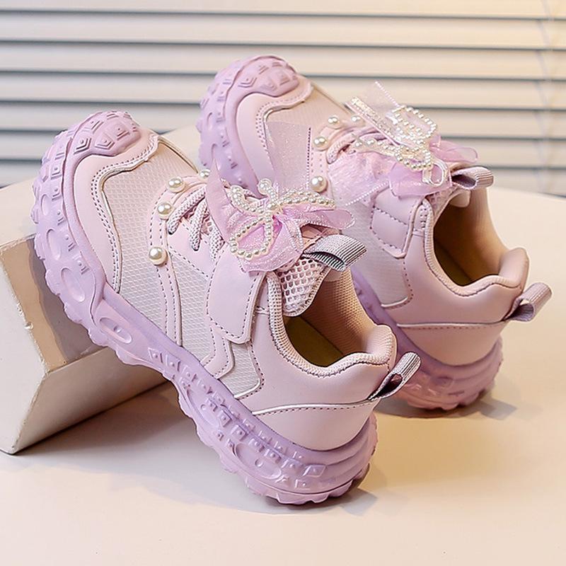 Girls  Bow Knot Pearl Non-slip Mesh Sneakers - Spring/Autumn Fashion Sports Shoes Size 26 - 16.8cm