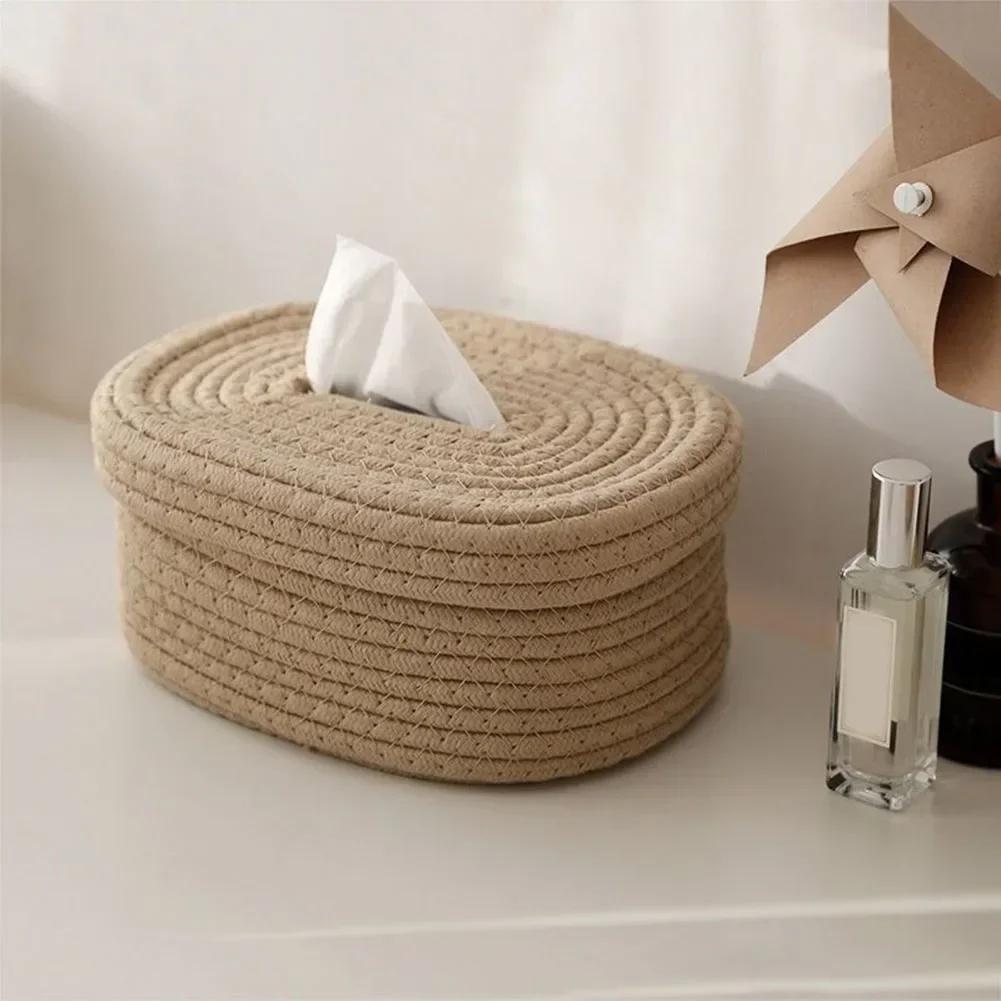 1PC Tissue Box Cotton Rope Woven Tissue Box Storage Box Desktop Storage Box Pumping Paper Box Home Office Room Car Decor Tissue Box