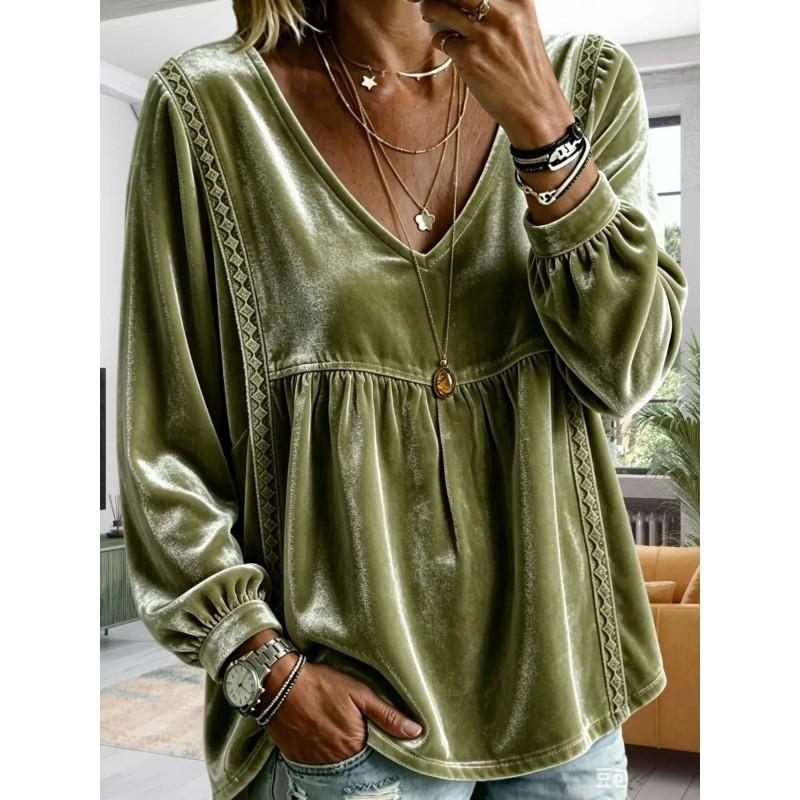 Womens V-Neck Velvet Loose Long Sleeve Top - Soft Casual Shirt In Solid Colors 2026