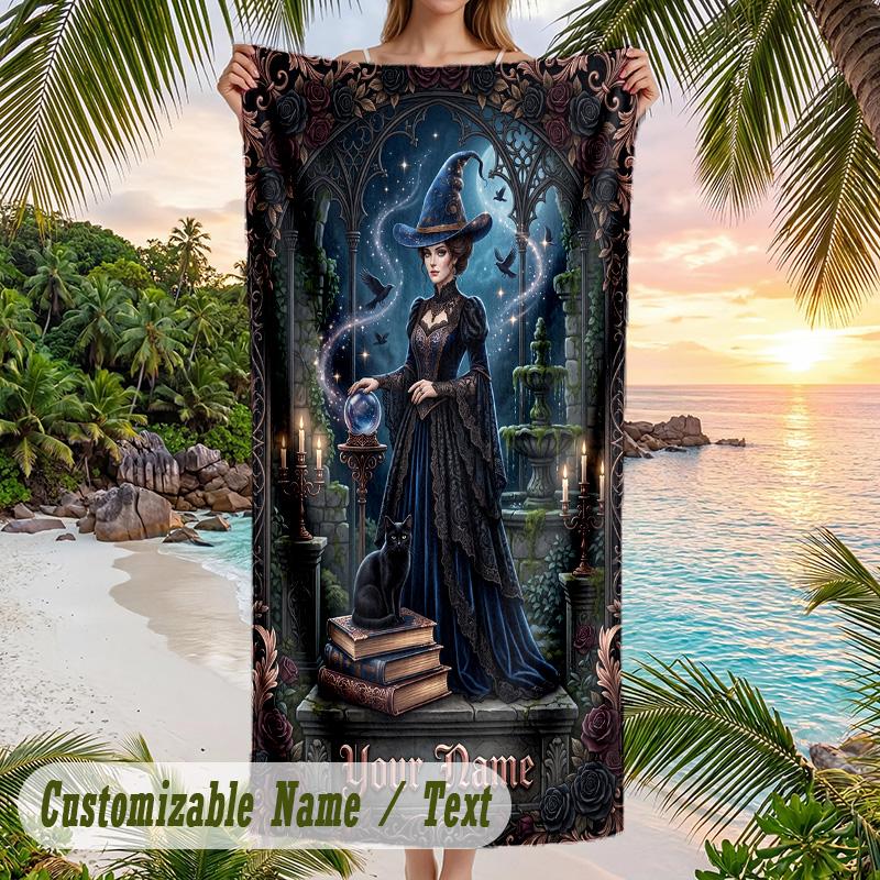 Witchcraft Theme Beach Towel Personalized Custom Name & Text Soft Quick Dry Beach Towel for Swimming Travel