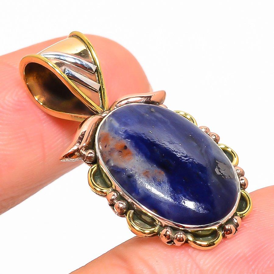 Pendentif Pierre Précieuse Sodalite Naturelle Bicolore Argent Sterling Massif 925 1,40" U8P25