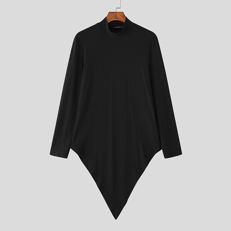 INCERUN Мужские футболки с длинным рукавом, асимметричные, повседневные, приталенные, топы, майки 3XL чёрный