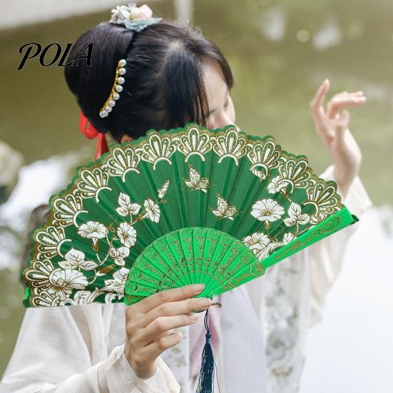Pocket Fan Handheld Vintage Style Bright Color Exquisite Pattern Fine Workmanship Ultralight Collapsible Cloth Retro Chinese Folding Photography Prop