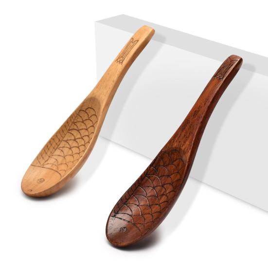 Japanischer Stil Kurzer Griff Handgeschnitzt Hitzebeständiger Holzlöffel Kleiner Fischförmiger Holzreislöffel Küchenwerkzeuge