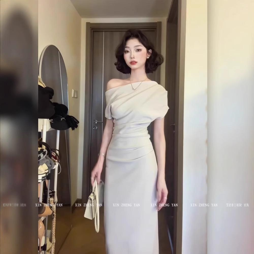 

2025 Korean Style Off-Shoulder Cowl Neck Slim Bodycon Dress for Women - Spring/Summer XXL