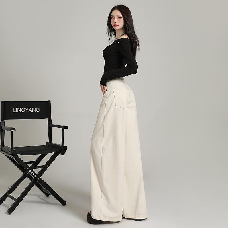 Women's High-Waisted Wide-Leg White Jeans - 2025 Autumn Collection, Loose Fit, Floor-Length, Slimming Casual Style