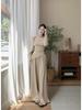 Women's Two-Piece Set: Tea-Colored One-Shoulder Irregular Top and Grey Wide-Leg Pants for Autumn