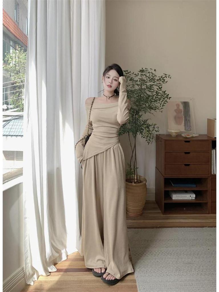 Women's Two-Piece Set: Tea-Colored One-Shoulder Irregular Top and Grey Wide-Leg Pants for Autumn