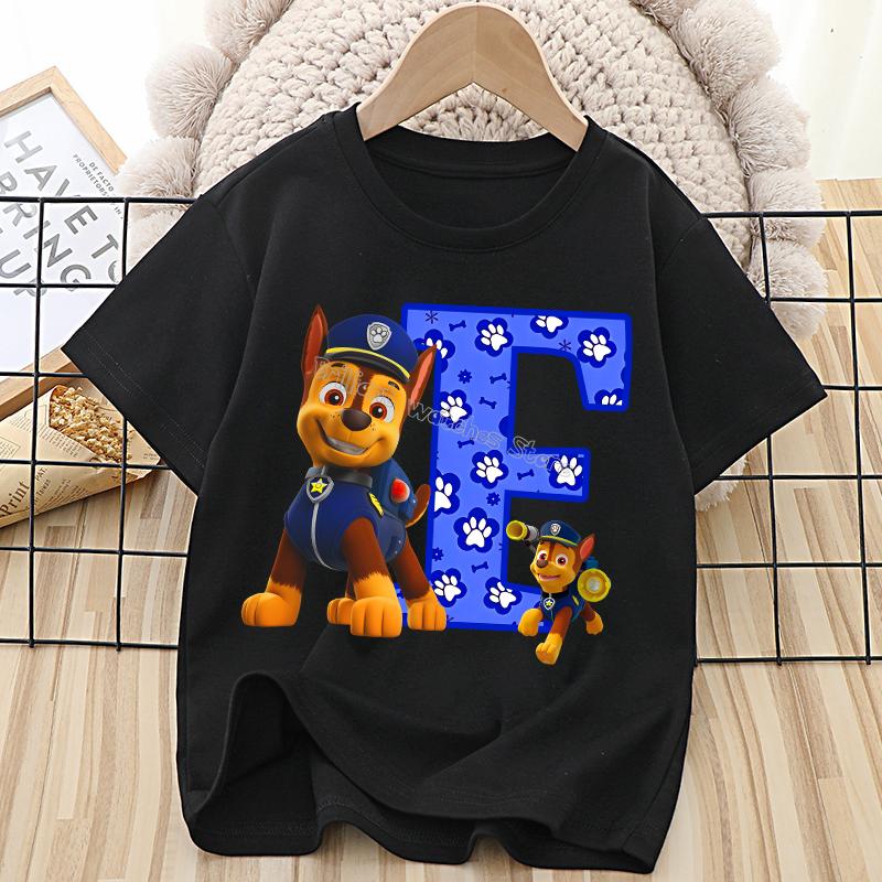 Paw Patrol Chase T-shirt for Children Cartoon Letter A-Z Tee Top Kawaii Round Collar Clothes Fashion Kids Black Clothing Gift