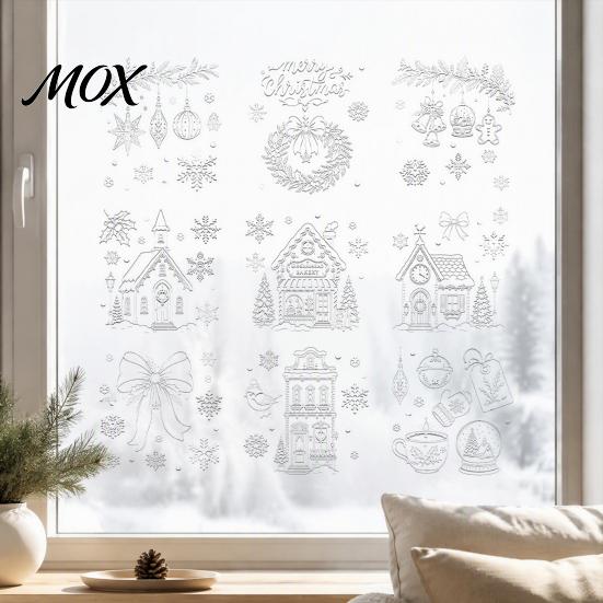 Christmas Party Window Ornaments 9Pcs Clings, Static Glass Stickers, Reusable White Line Hand-Painted Decals Clings for Holiday Home Decorations,