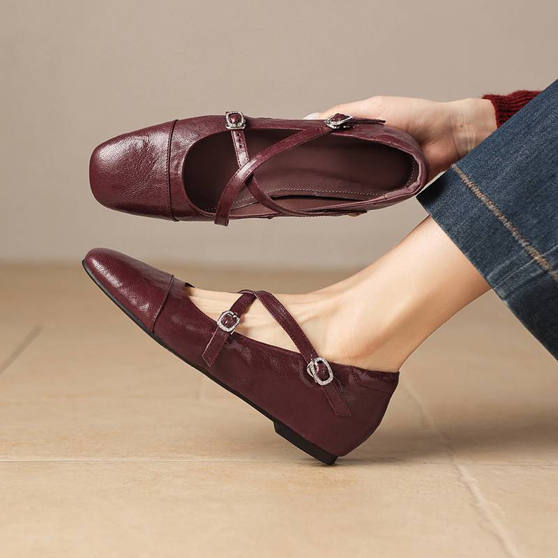 Krazing Pot Sheepskin Round Toe Thick Low Heels Spring Shoes Buckle Big Size 42 Women Mary Janes Pumps