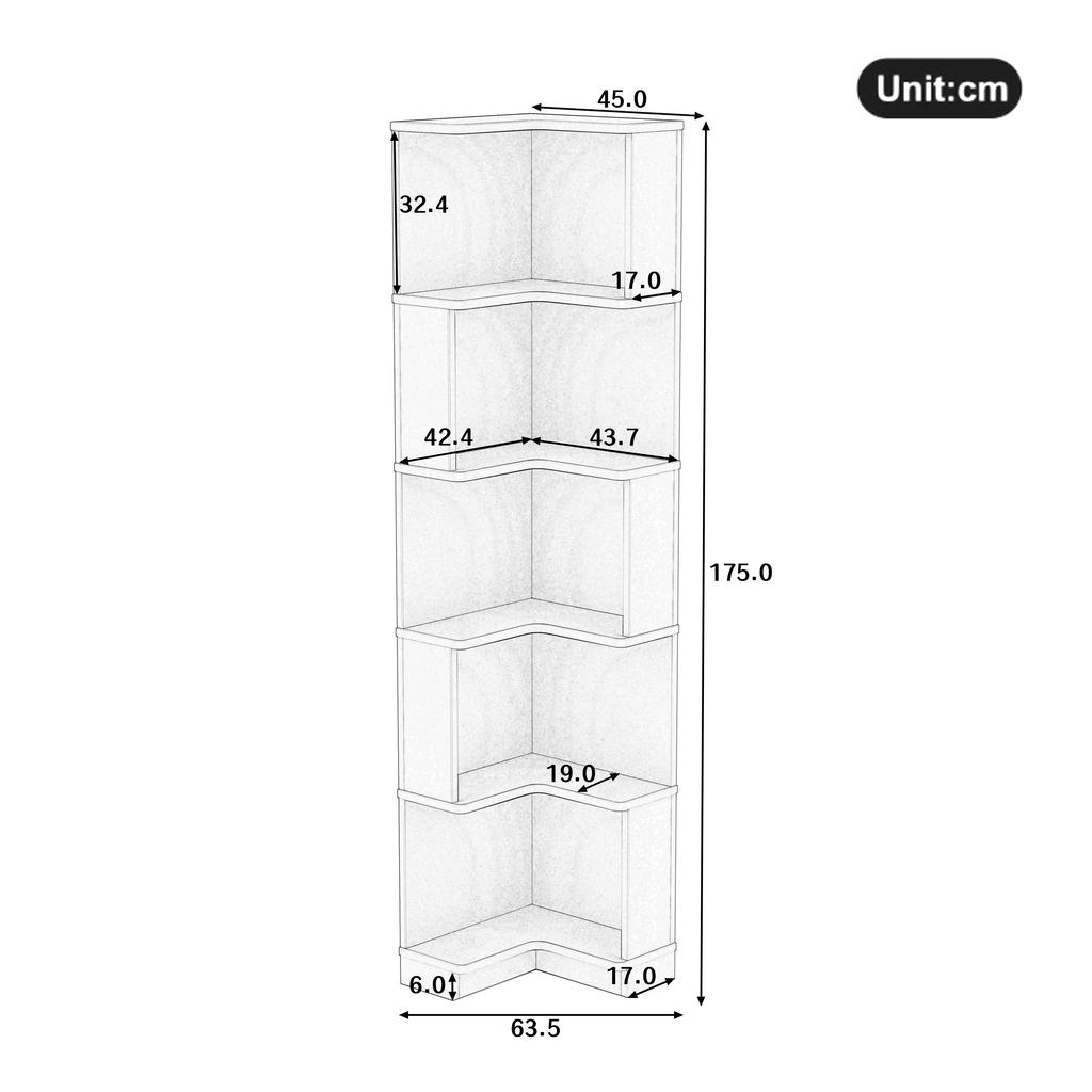 63.5 x 45 x 175cm Corner Bookshelf, Multifunctional, L-Shaped, LED Color-Changing Light Strip, App Control, Five-Tier Storage, Black