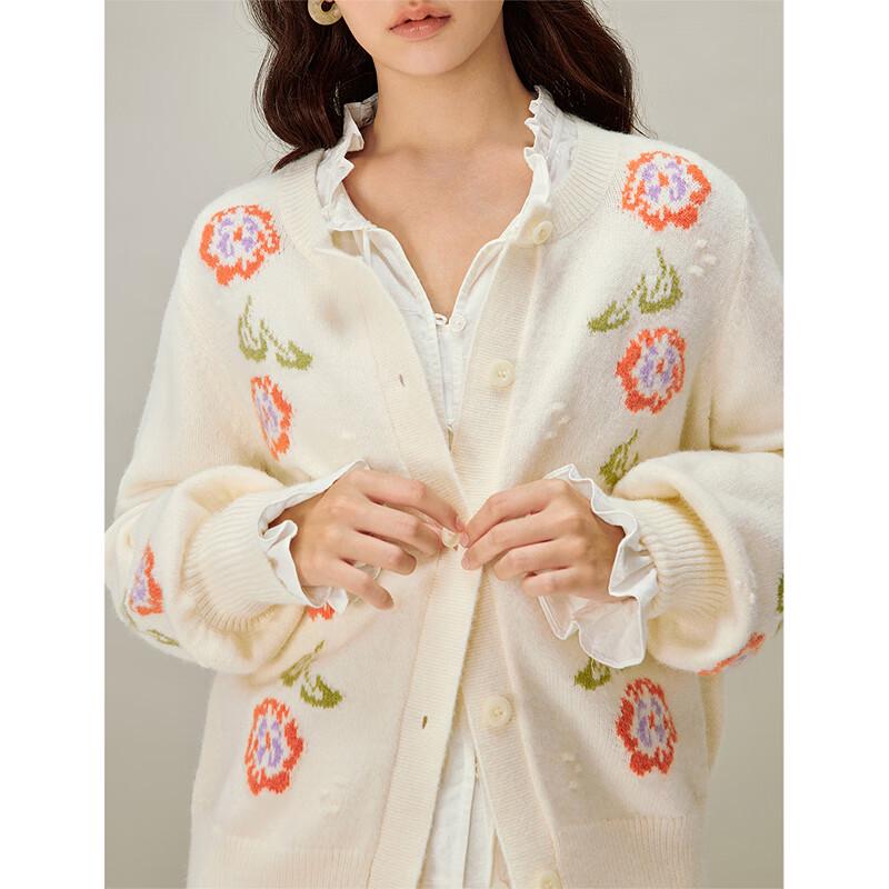 INMAN Women's Retro Floral Jacquard Knit Cardigan
