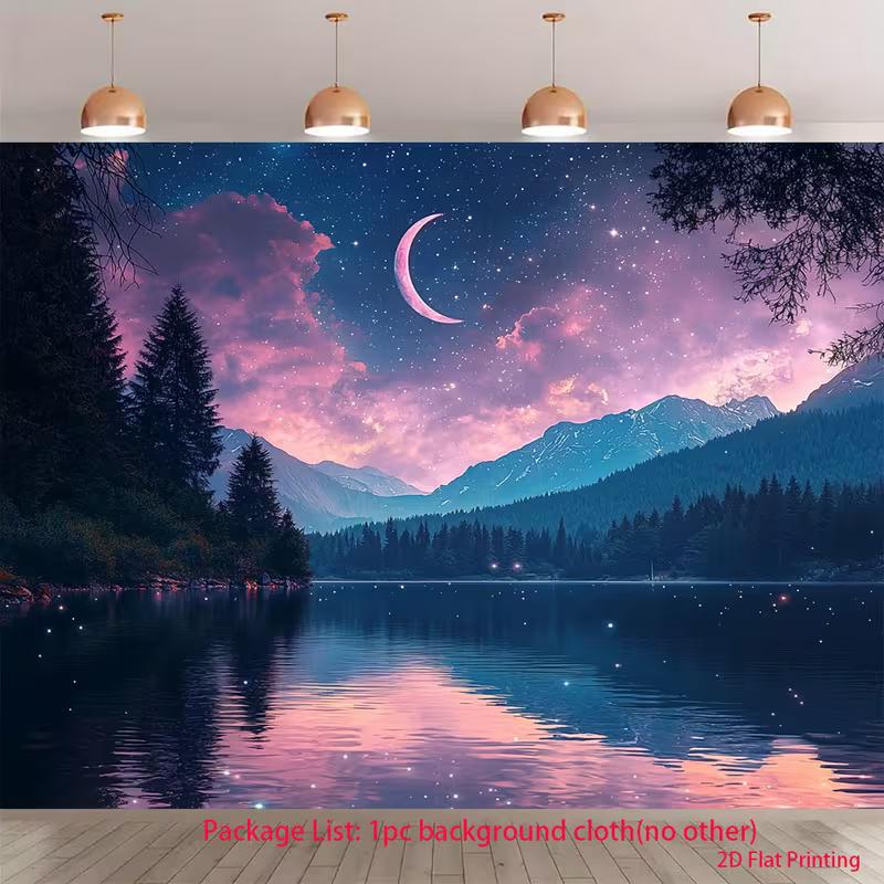 2D Night Sky Banner, Starry Lake & Crescent Moon Party & Live Background 47.2x31.5inch/120*80cm