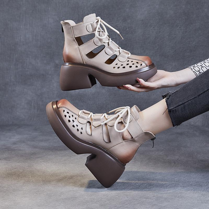 First Layer Cowhide Cool Boots Women's Summer 2025 New Retro Hollow Platform Sandals Women's Roman Net Boots Women's Boots