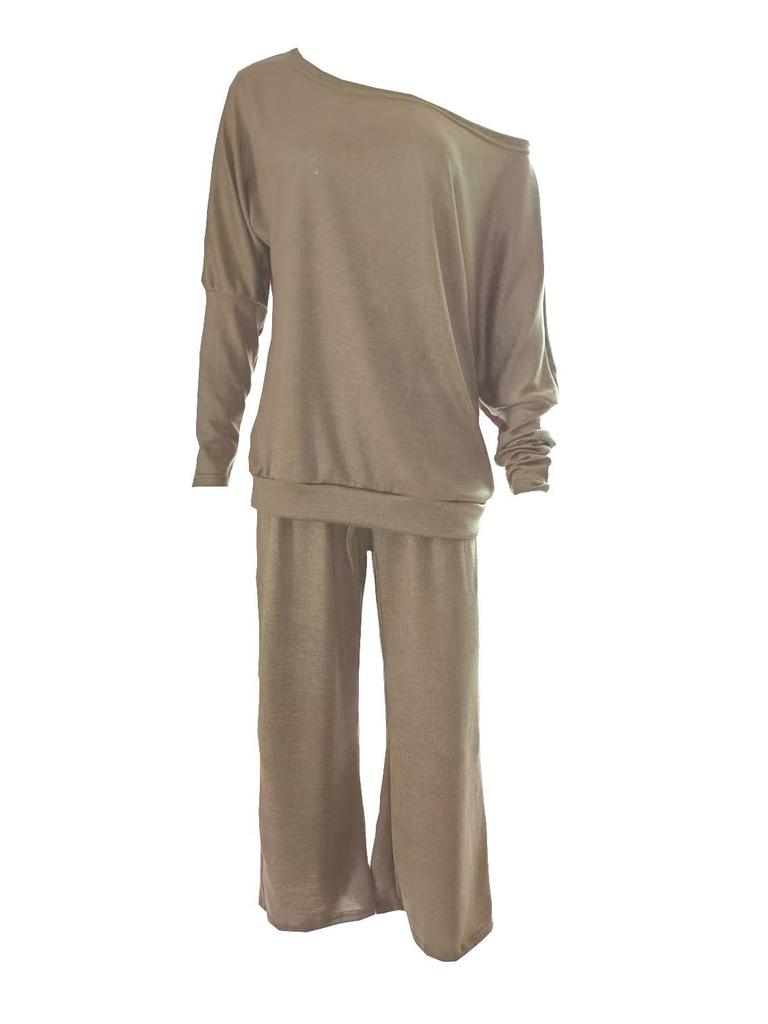 Conjunto de Top de Punto de Manga Murciélago de Color Sólido y Pantalones de Pierna Ancha Otoño/Invierno