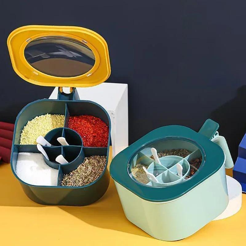 4In1 Spice Jar Seasoning Box with Spoon Multi Compartment Salt Pepper Spice Condiment Container Jars Pots Kitchen Accessories