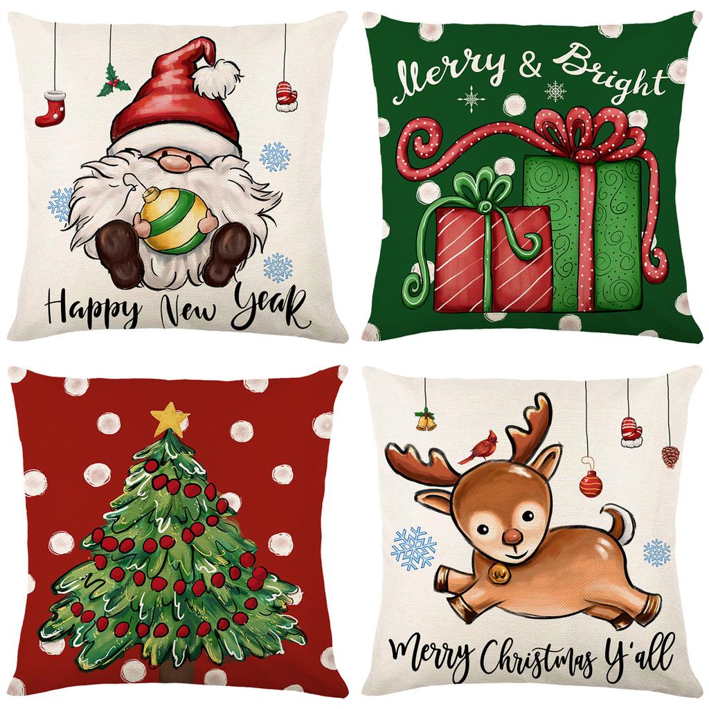 Christmas Pillow Cover Linen Hand-painted Home Santa Claus Elk Pillow Cover Sofa Cushion Cover