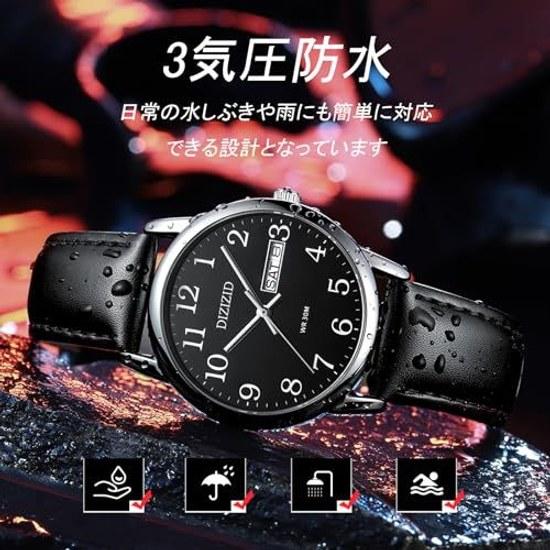 Mens watch analog waterproof leather strap simple popular stylish business classic date day slim easy-to-read dial unisex (Black B)