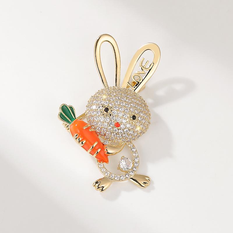 Bo Xin Yun Cute Rabbit Brooch with Zirconia Carrot Pin - Japanese Cartoon-Inspired Animal Corsage Accessory
