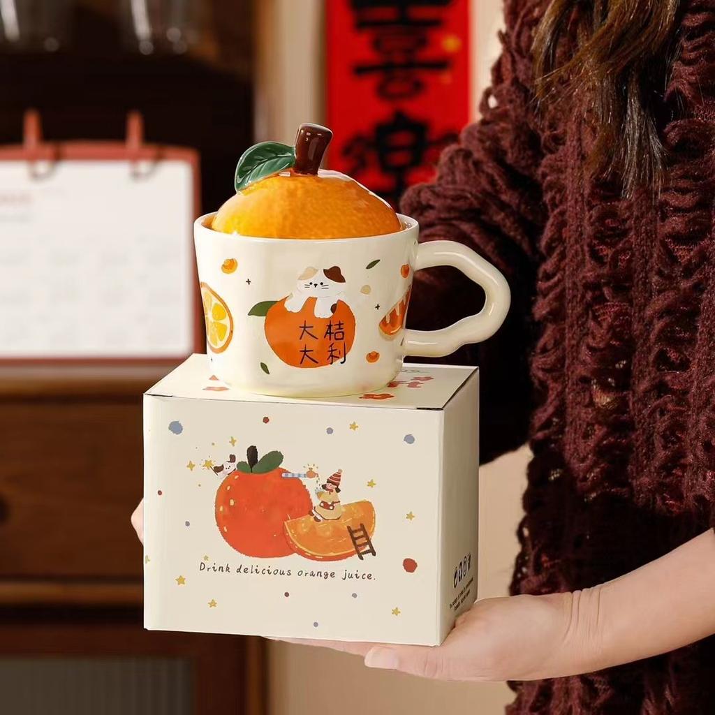 Cute Orange Cat Mug with Lid Creative Good Luck Cup Girls Home Coffee Cup Chinese New Year Gift