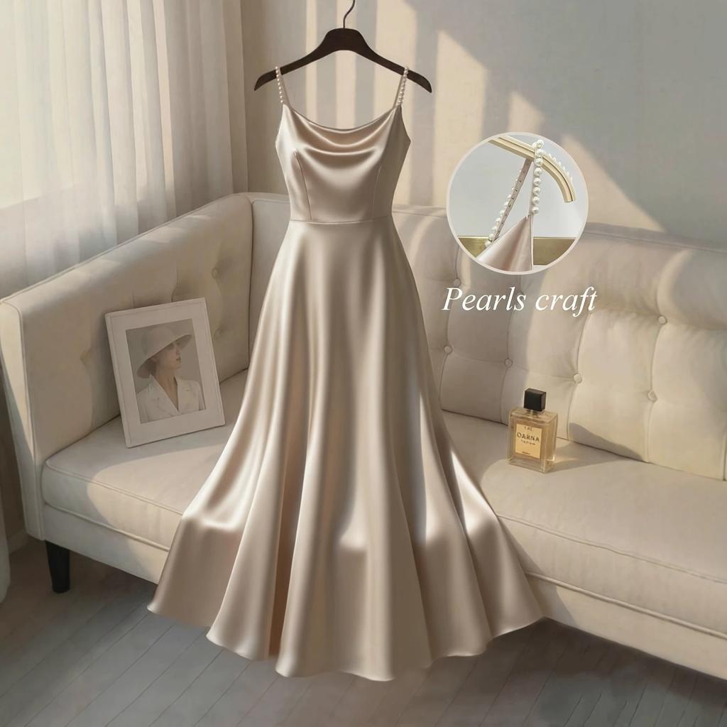 2026 Europäisches und Amerikanisches einfarbiges Temperamentkleid Träger handgefertigt Perlen Taille Satin vergoldetes Kleid