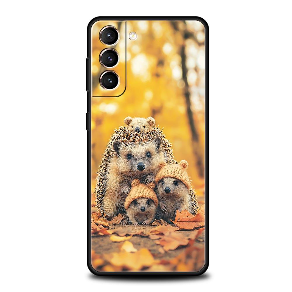 Autumn Cute Hedgehog Design Phone Case For Samsung Galaxy S26 Ultra S25 Plus S24 FE S23 S22 5G S21 S20 Cover Black Soft
