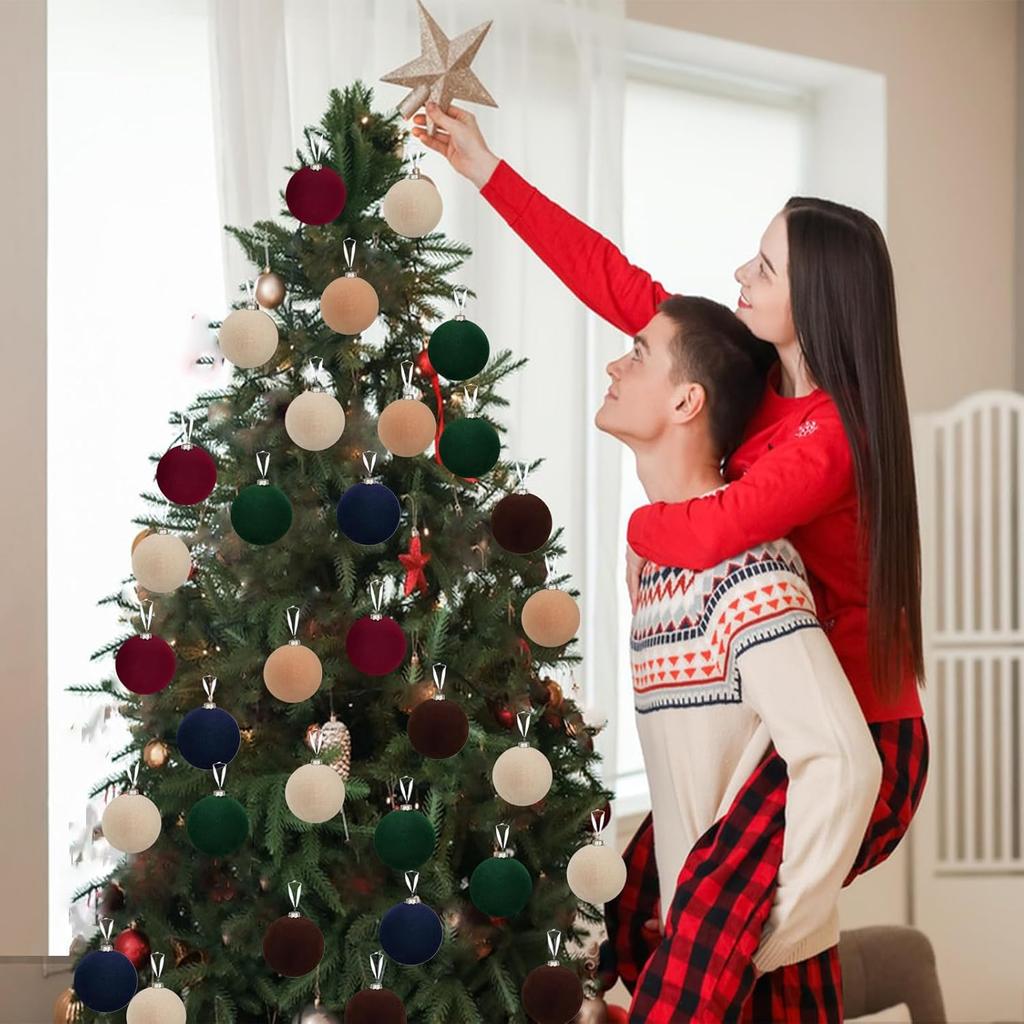 12pcs Christmas Tree Hanging Ball Decoration 2.4Inch Velvet Christmas Ornaments Balls Flocked Shatterproof Plastic Xmas Tree Ball for Party Holiday