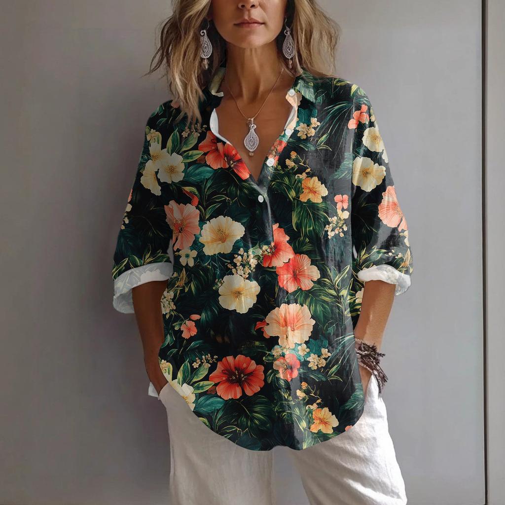 Women's Casual Spring And Summer Loose Printed Casual Sleeved Lapel Pullover Shirt