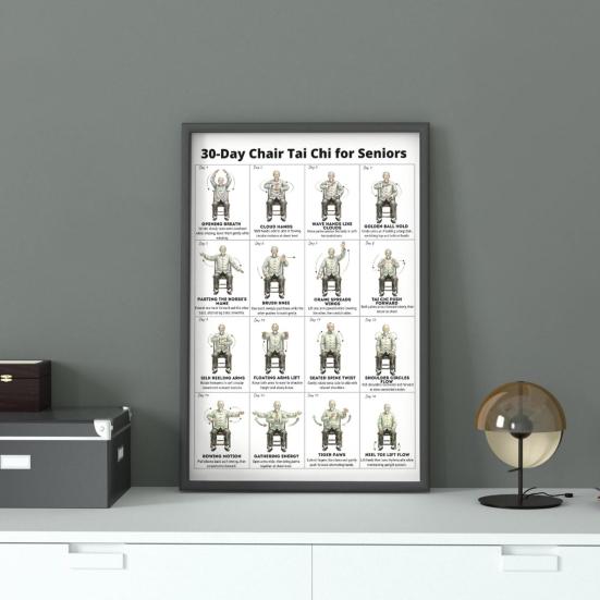 2 Stück Stuhl Tai Chi Trainingsplan 30 Tage Anfänger Senioren Sitzende Übung Poster Leinwand Wandkunst Heim-Fitnessstudio Wohnzimmer Dekoration