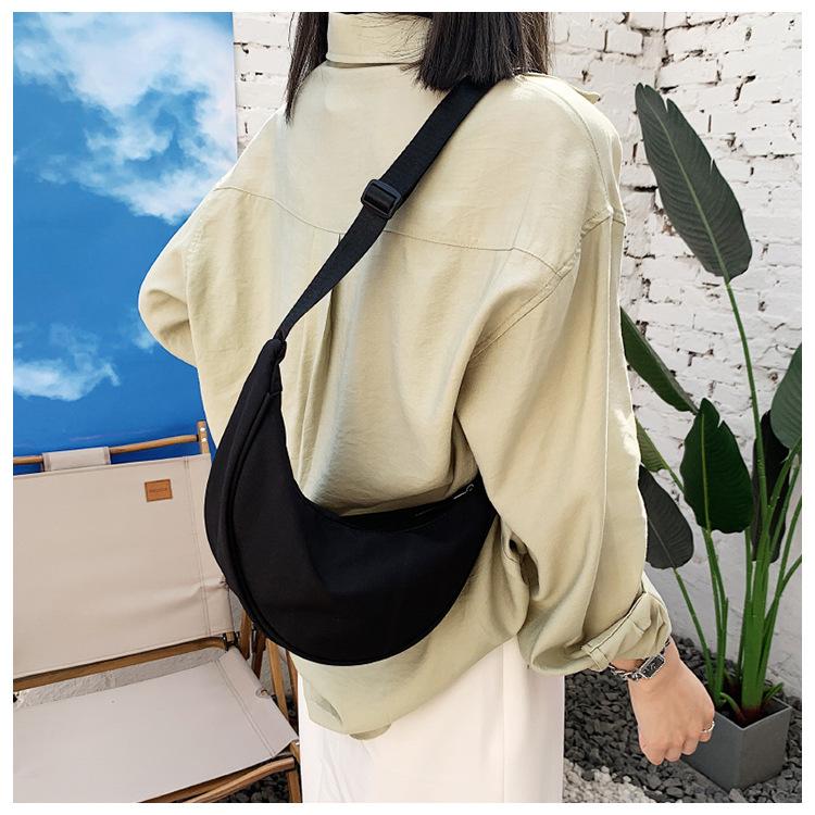 Women Solid Color Zipper Dumpling Bun Bag Leisure Canvas Inclined Shoulder Crossbody Bags Adjustable Band Strap