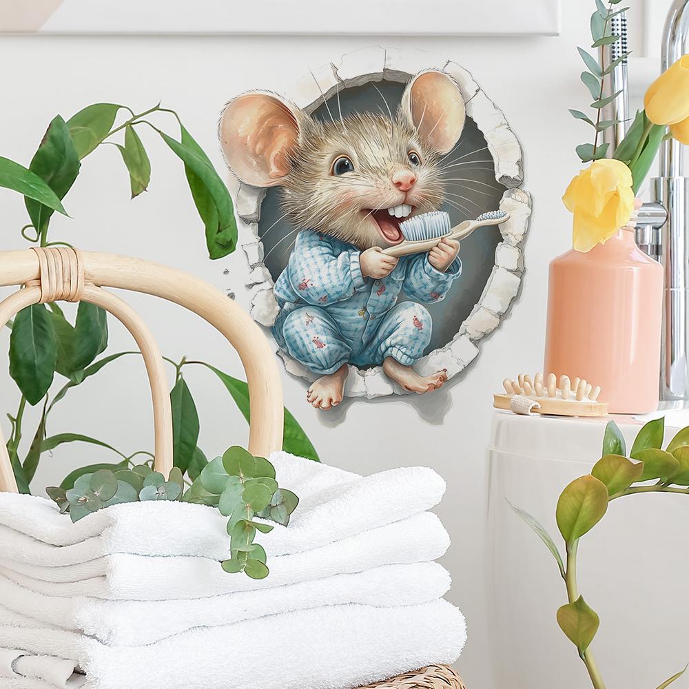 Cartoon Mouse Brushing Teeth Wall Sticker Self-Adhesive Removable Waterproof for Bathroom Kids Room Home Decor Art
