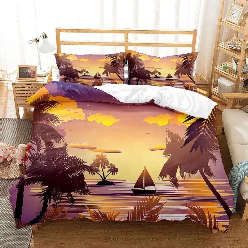 Beach Duvet Cover Twin King Size Microfiber Coconut Palm Trees Bedding Set Sunset Tropical Sandy Beach Landscape Comforter Cover