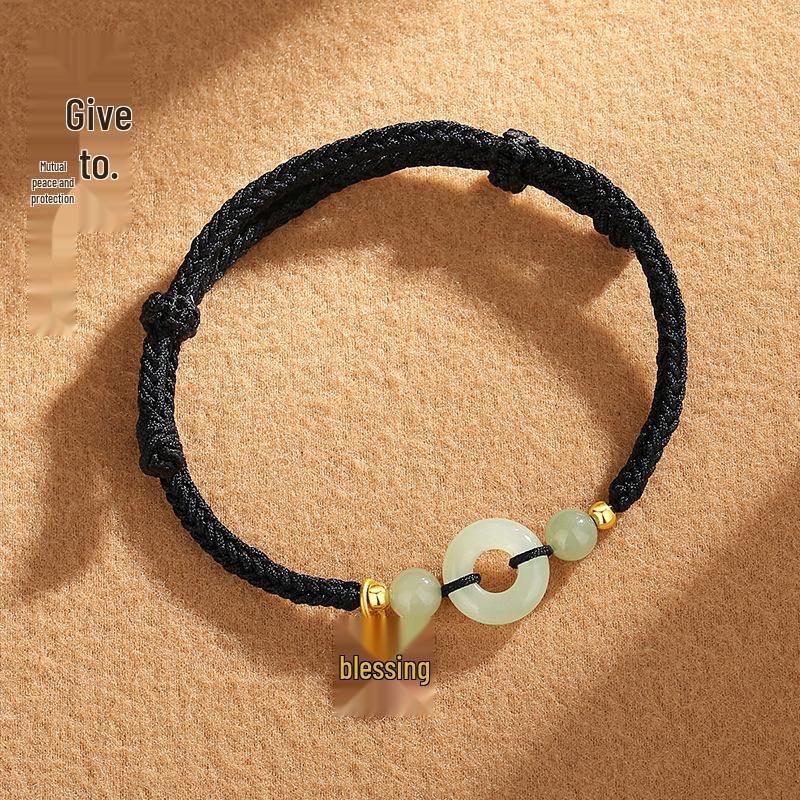Genuine Hotan Jade Ping an Buckle Couple Bracelets - Fu Character Zodiac Design with Woven Strings
