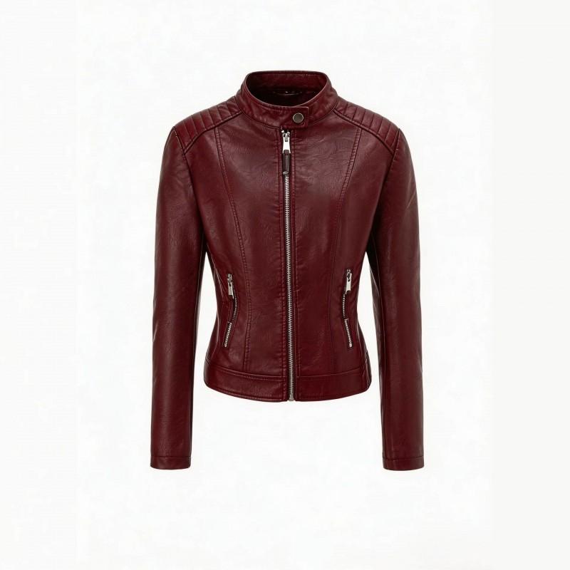 Womens Faux Leather Jacket Stand Collar Zip Up Slim Fit Black Apricot Burgundy