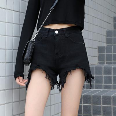 Cómodos Ajustados Modernos y Versátiles Pantalones Cortos de Mezclilla Femeninos Verano Negro Cintura Alta Talla Grande Agujeros Rotos Arpillera Irregular Delgados Sueltos