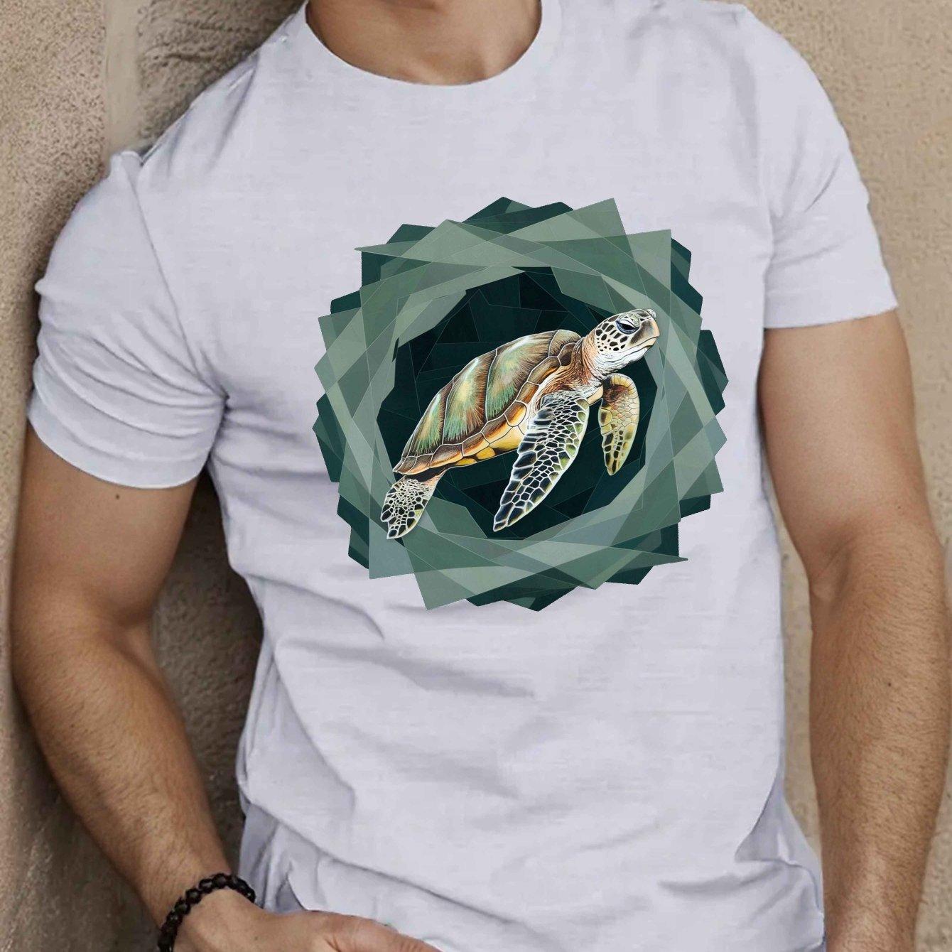 Geometric Sea Turtle Graphic Tee Men Casual Summer Short Sleeve Breathable Cotton TShirt S