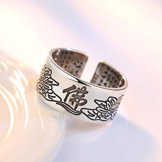 Rockyu One Size Fits All Silver Pure Silver Buddhist Lotus Ring with Heart Sutra 10mm Lotus Flower Buddhist Amulet Good Luck Antique Style Men's Ring,
