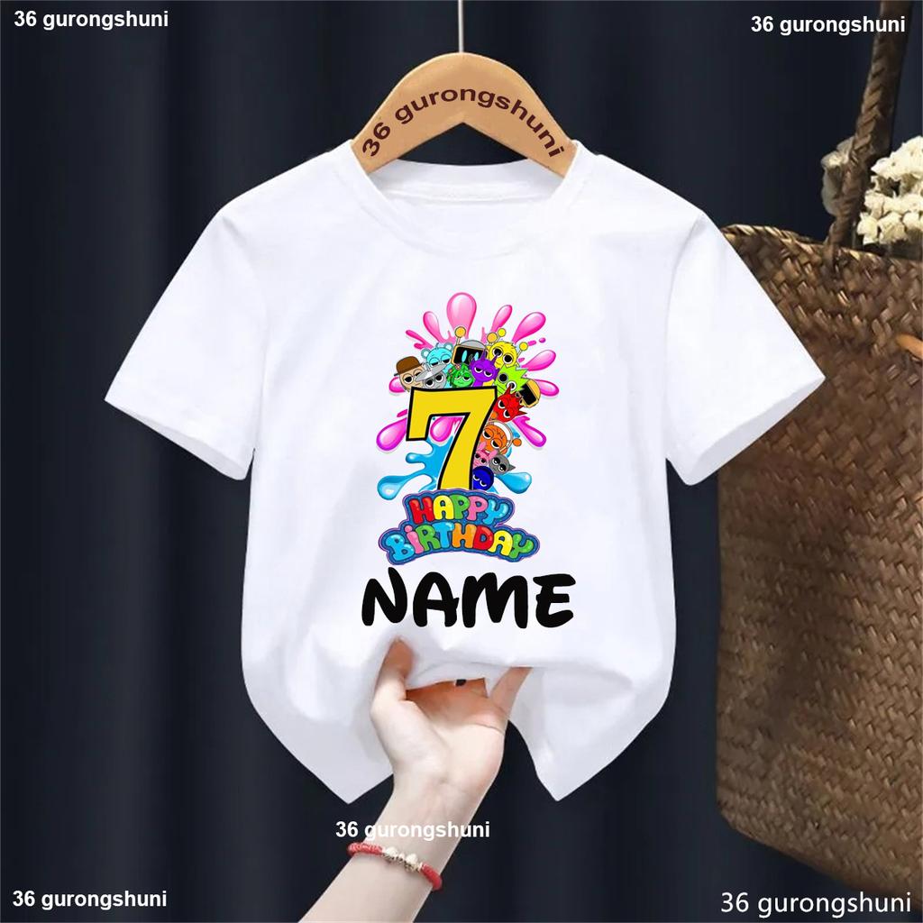 Colorful 7th Happy Birthday Game Sprunki Printed T Shirt For Girls/Boys Custom Name Birthday Party Kids Clothes Summer T-Shirt