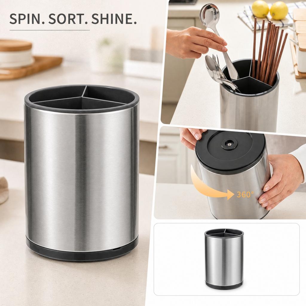 Stainless Rotating Kitchen Utensil - Multifunctional Cutlery Holder for , Forks, Spoons, Chopsticks - Countertop Storage Rack