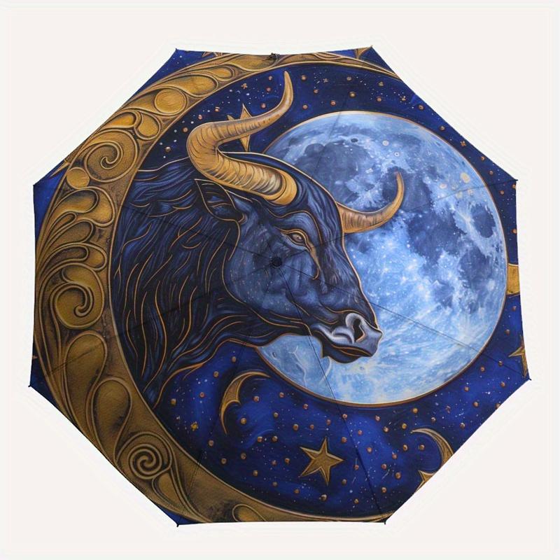 Golden Bull Moon Zodiac Art Print: Celestial Decor for Your SpaceUmbrella, Portable 3-Fold Compact Umbrella for Men & Women Gift