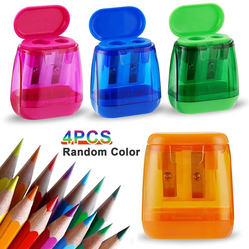 

4Pcs Dual-Hole Pencil Sharpeners With Lid And Shavings Container Portable Manual Sharpener Set For Colored Pencils One Size
