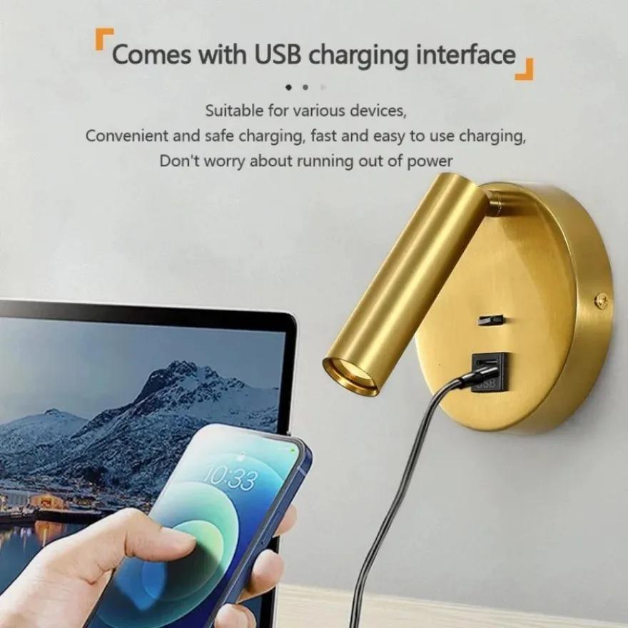 Modern LED Wall Lamp with 350 Degree Rotation Reading Wall Lamp Living Room Bedroom Interior Decoration Light with USB Interface