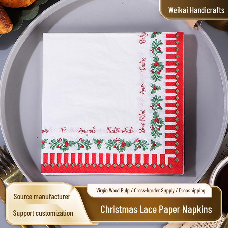 Christmas Lace Virgin Wood Pulp Square Napkins - Disposable Paper Napkins for Holiday Meals